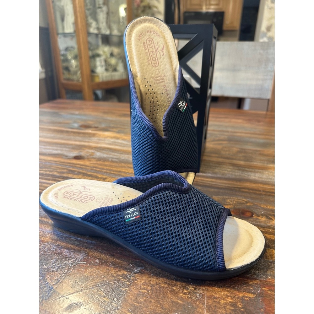 Fly Flot Womens 8 Navy Blue Mesh Anti-Shock Anatomic Slide Sandals Italy 39 NWOT